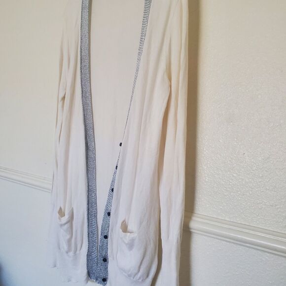 J. Crew Cardigan Size M Ivory With Silver Trim Button Closure Pima Cotton Wool - Picture 6 of 14